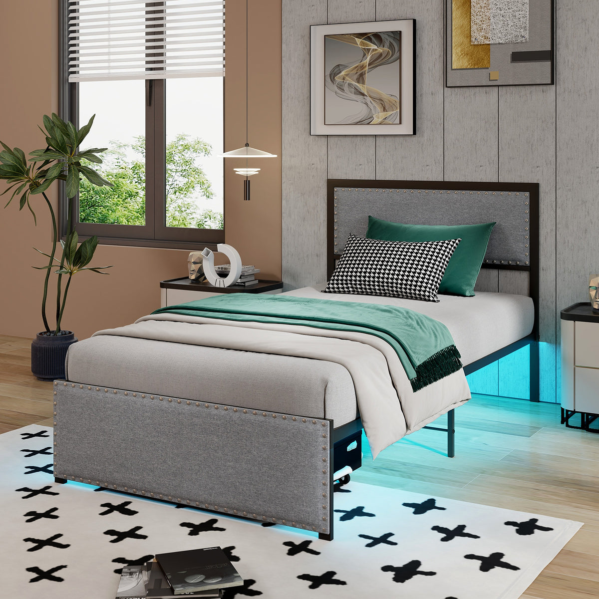 Bed Frame with LED Lights Drawer and Metal Slats-Simple Bed Frame-DECOROLALA