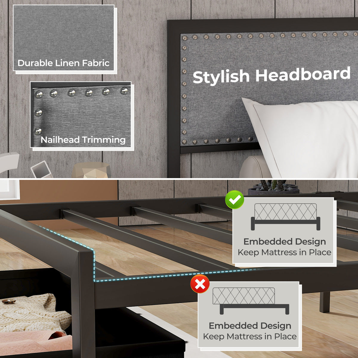 Bed Frame with LED Lights Drawer and Metal Slats-Simple Bed Frame-DECOROLALA