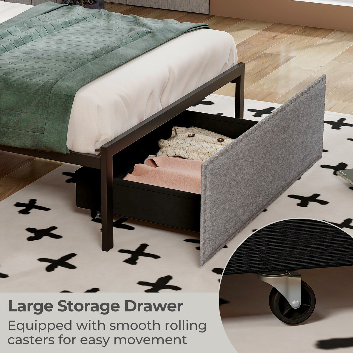 Bed Frame with LED Lights Drawer and Metal Slats-Simple Bed Frame-DECOROLALA