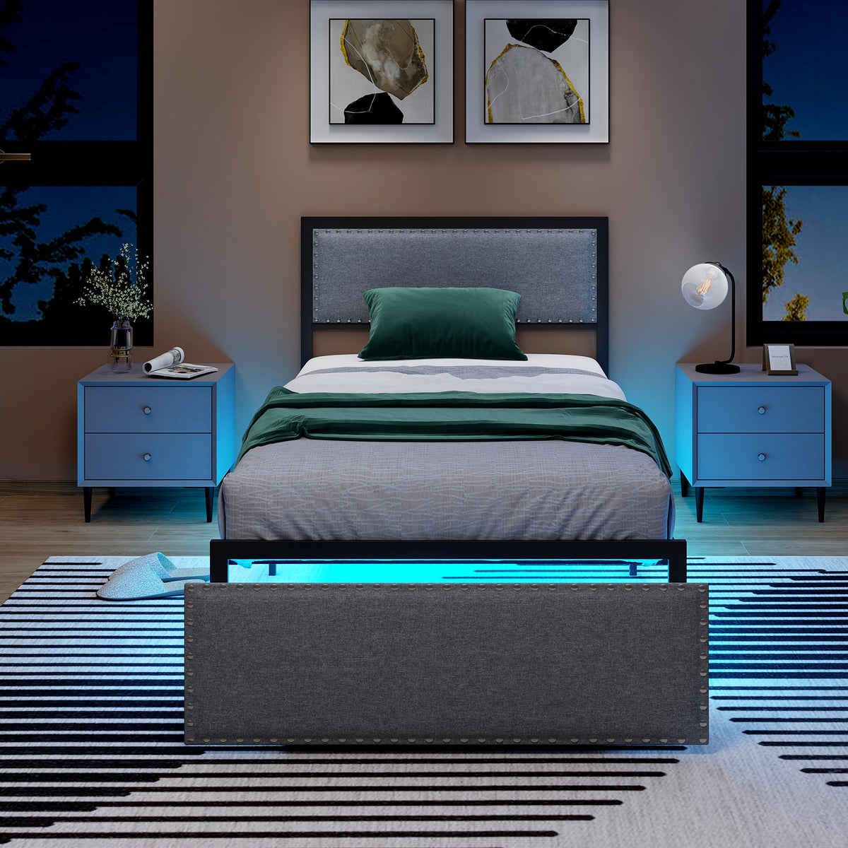 Bed Frame with LED Lights Drawer and Metal Slats-Simple Bed Frame-DECOROLALA