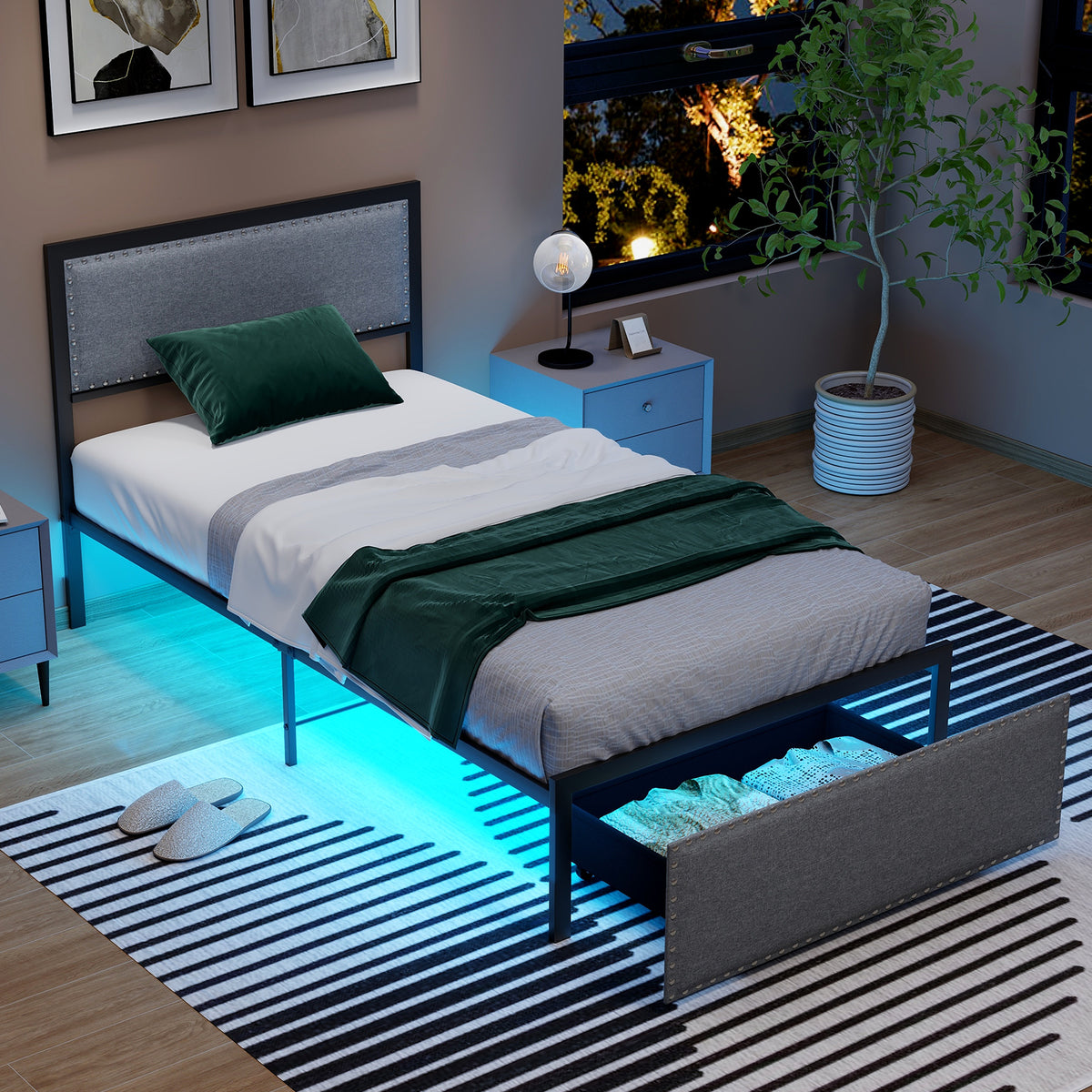 Bed Frame with LED Lights Drawer and Metal Slats-Simple Bed Frame-DECOROLALA