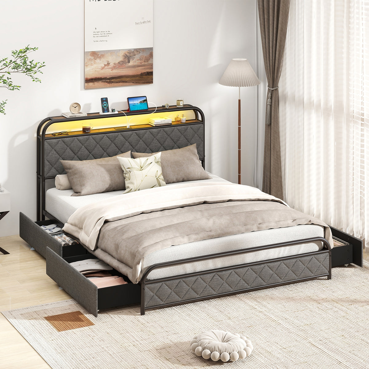 Bed Frame with LED Lights and Charging Station-Simple Bed Frame-DECOROLALA