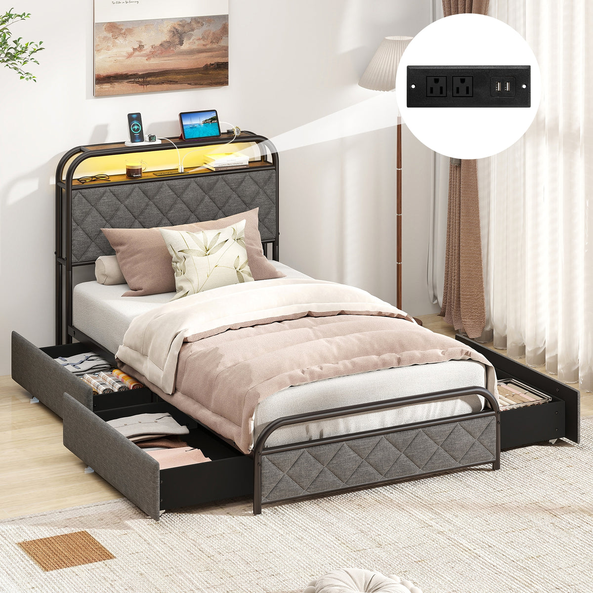 Bed Frame with LED Lights and Charging Station-Simple Bed Frame-DECOROLALA
