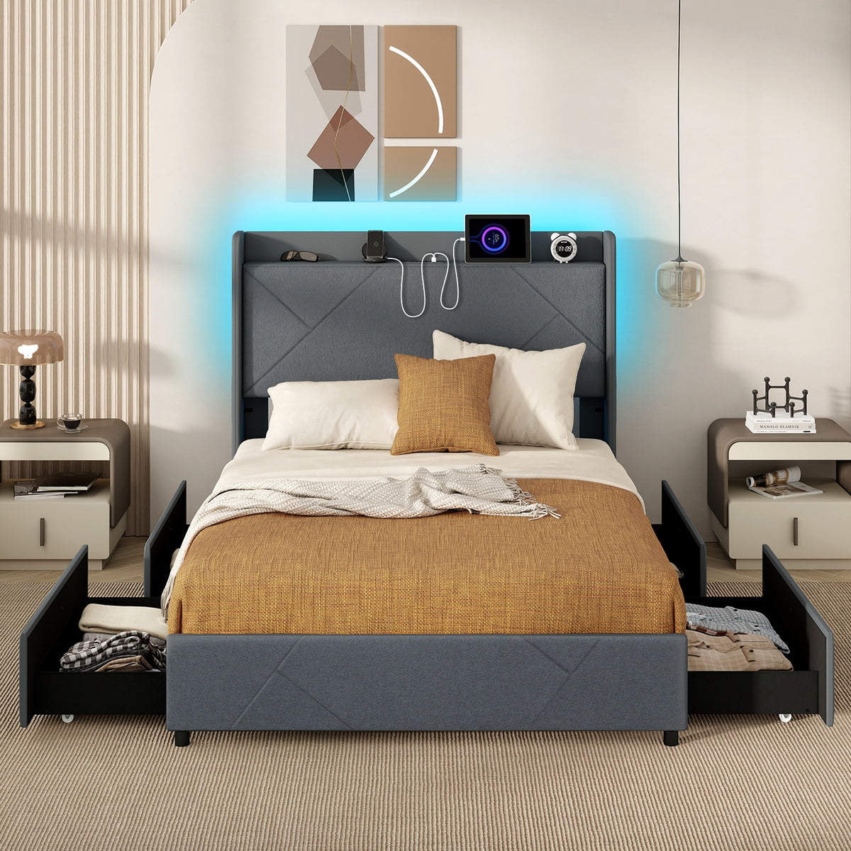 Bed Frame with LED Lights and Charging Station-Simple Bed Frame-DECOROLALA