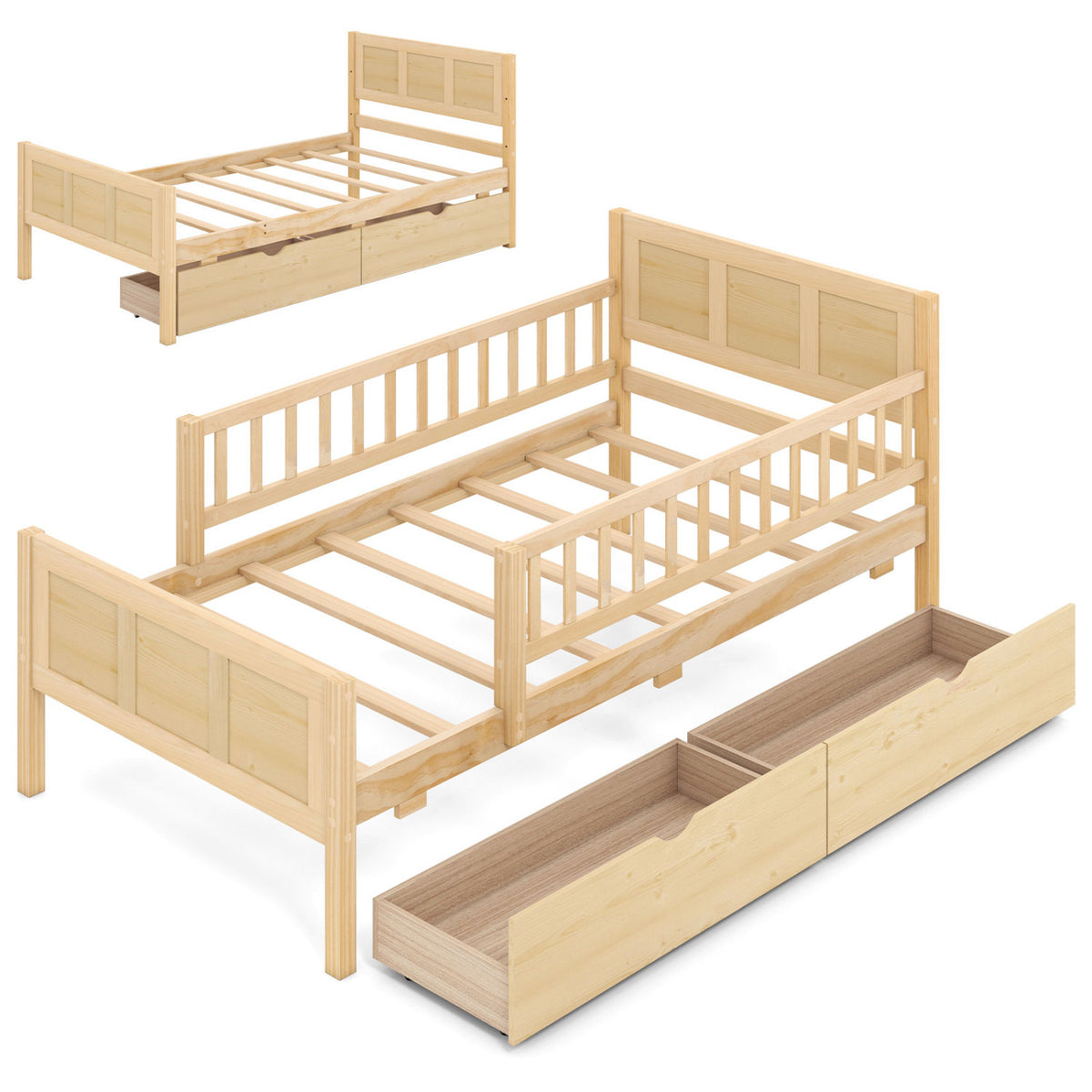 Bed Frame with Storage Drawers Natural-Trundle Bed Frame-DECOROLALA