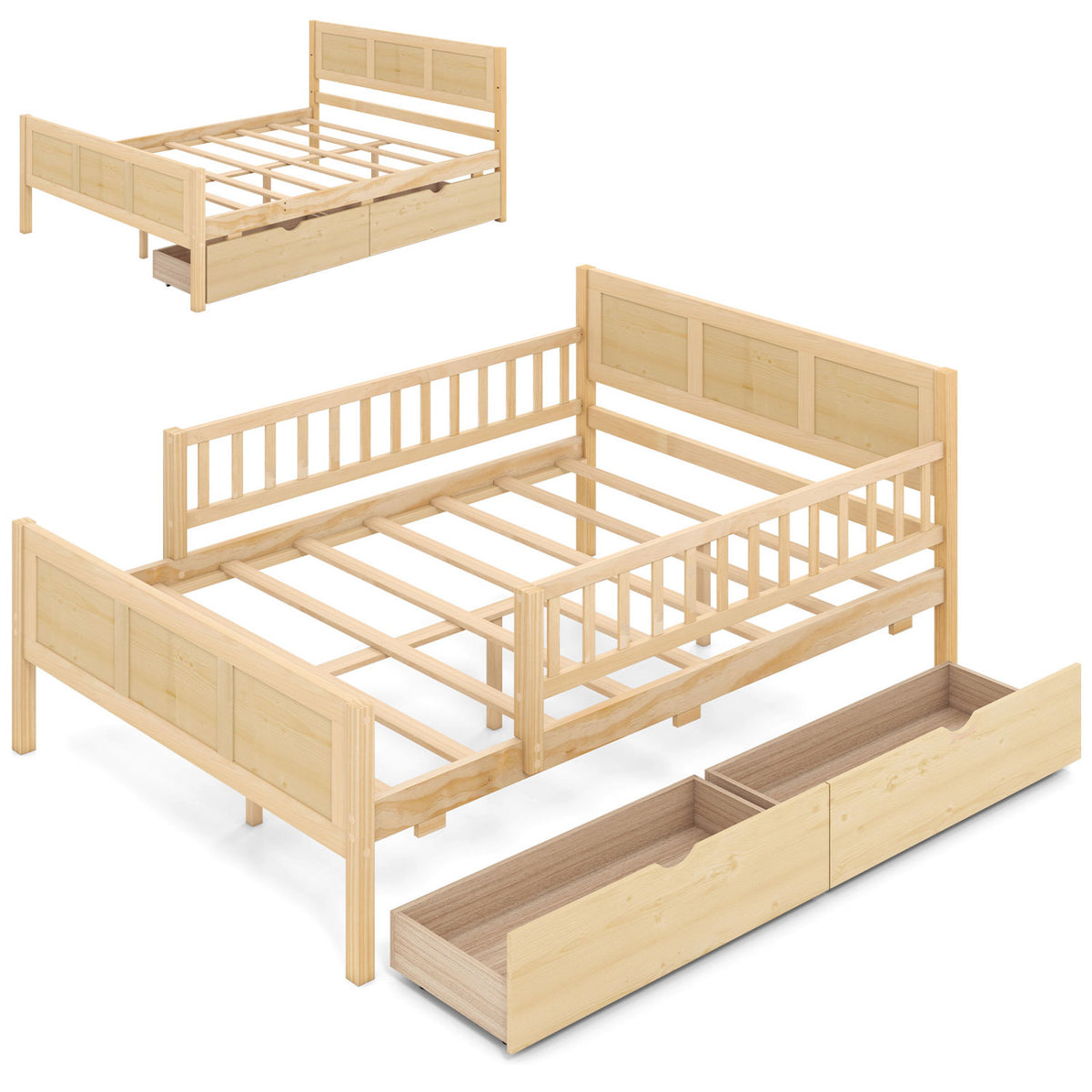 Bed Frame with Storage Drawers Natural-Trundle Bed Frame-DECOROLALA