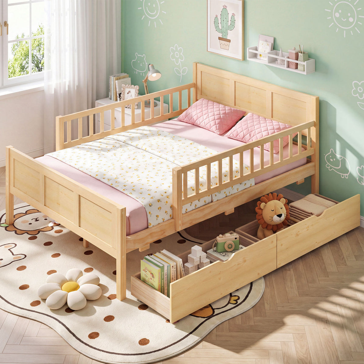 Bed Frame with Storage Drawers Natural-Trundle Bed Frame-DECOROLALA