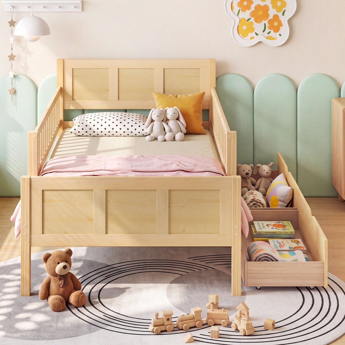 Bed Frame with Storage Drawers Natural-Trundle Bed Frame-DECOROLALA