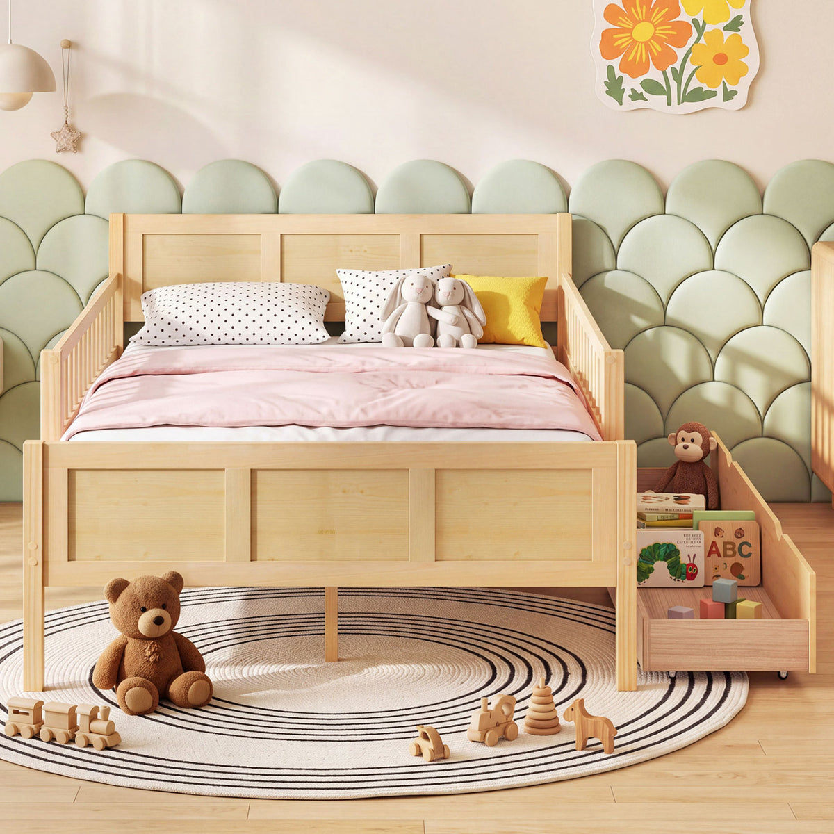 Bed Frame with Storage Drawers Natural-Trundle Bed Frame-DECOROLALA
