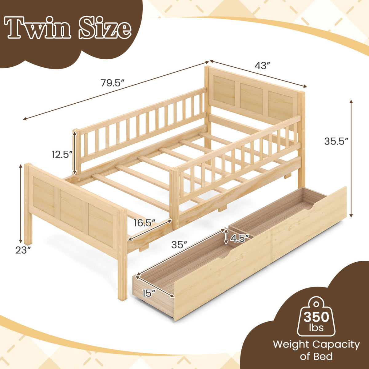 Bed Frame with Storage Drawers Natural-Trundle Bed Frame-DECOROLALA