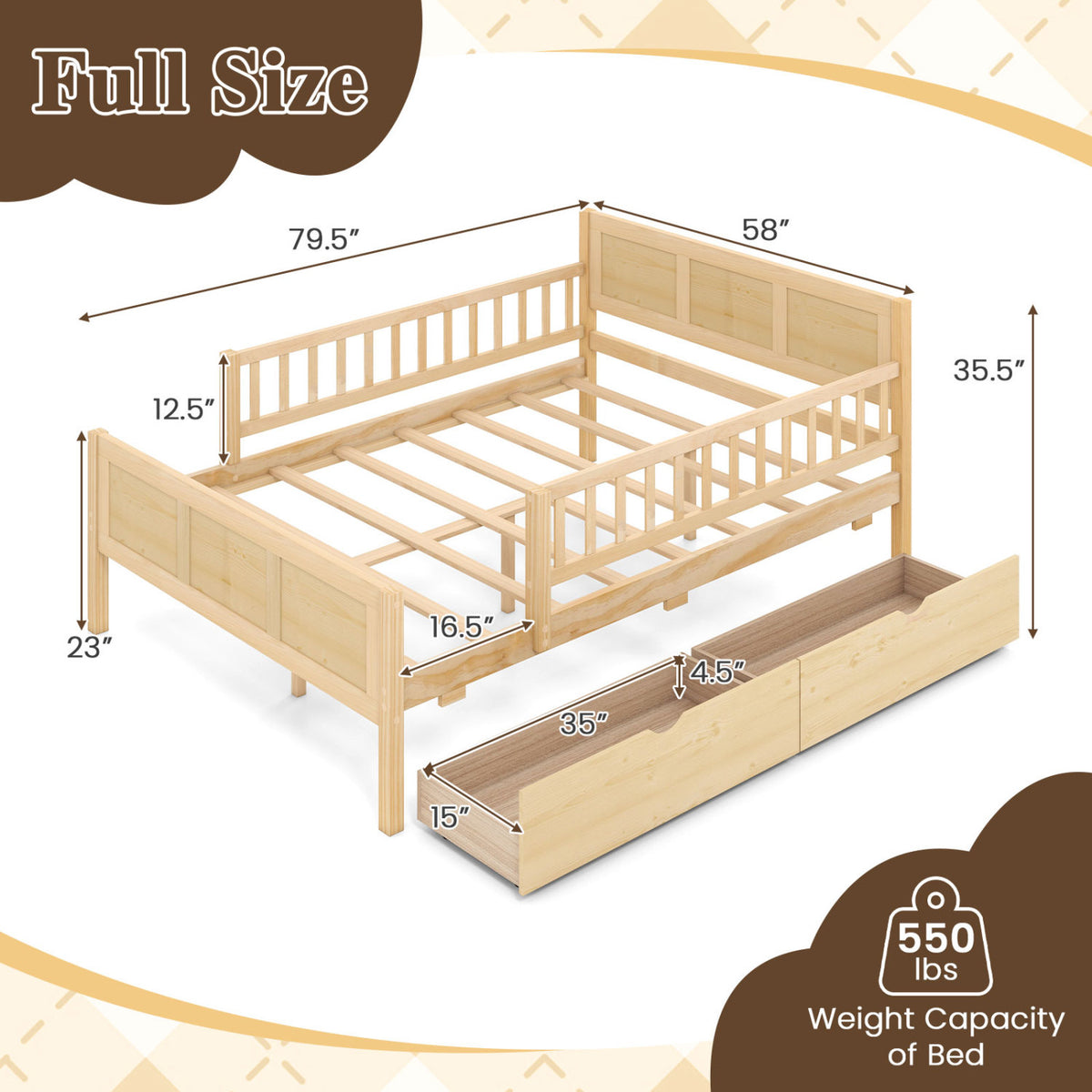 Bed Frame with Storage Drawers Natural-Trundle Bed Frame-DECOROLALA