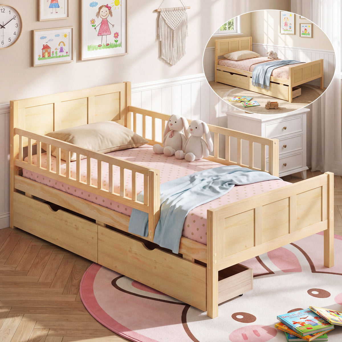 Bed Frame with Storage Drawers Natural-Trundle Bed Frame-DECOROLALA