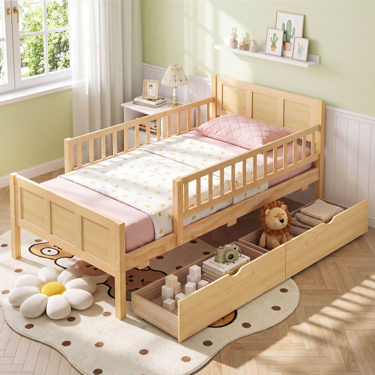 Bed Frame with Storage Drawers Natural-Trundle Bed Frame-DECOROLALA