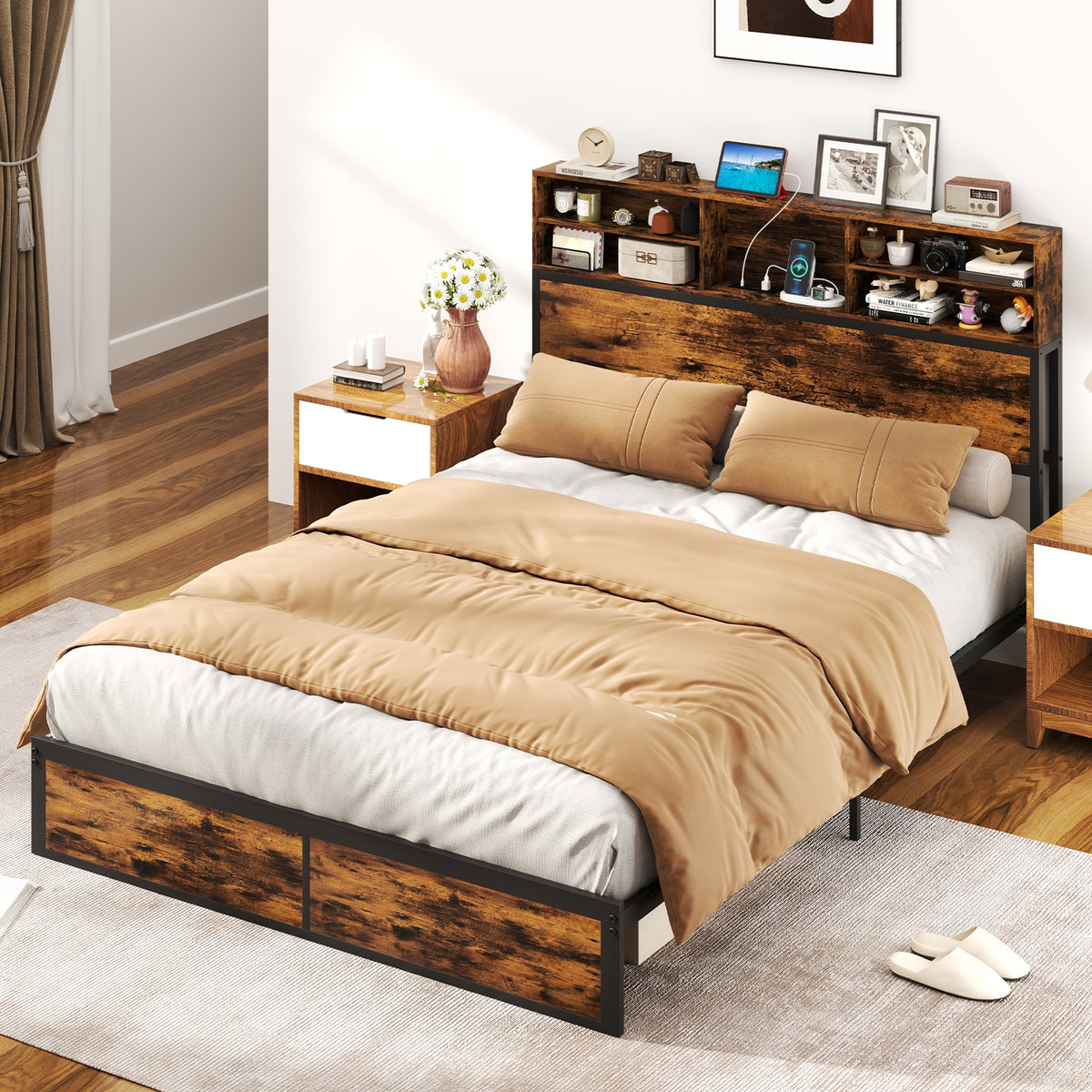Bed Frame with Storage Headboard Industrial Metal Platform Bed-Simple Bed Frame-DECOROLALA
