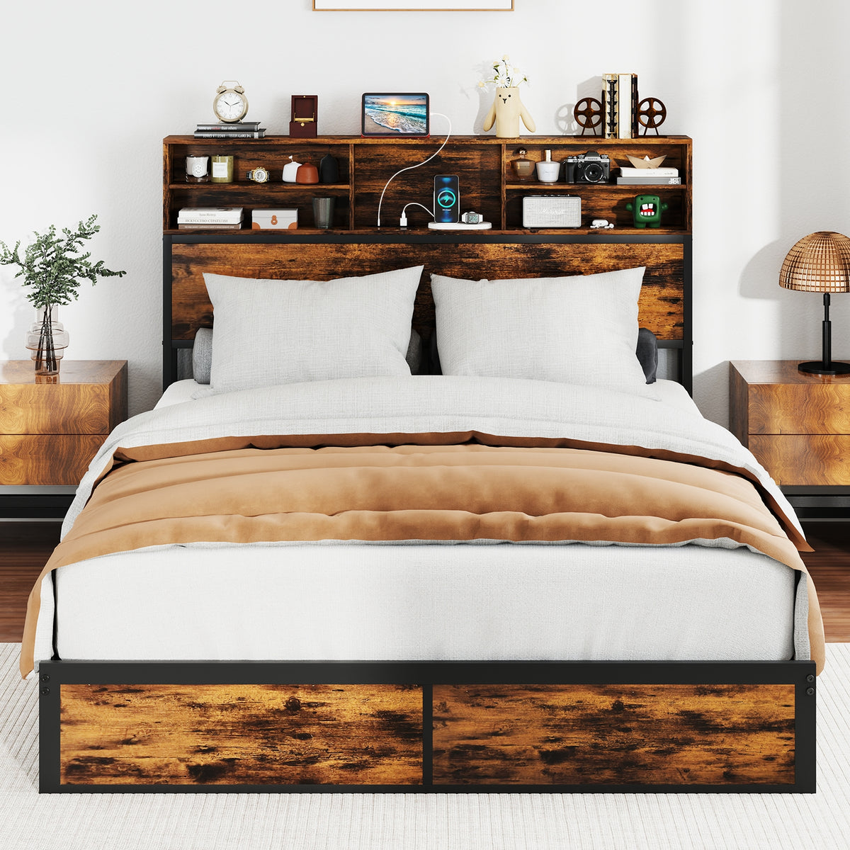 Bed Frame with Storage Headboard Industrial Metal Platform Bed-Simple Bed Frame-DECOROLALA