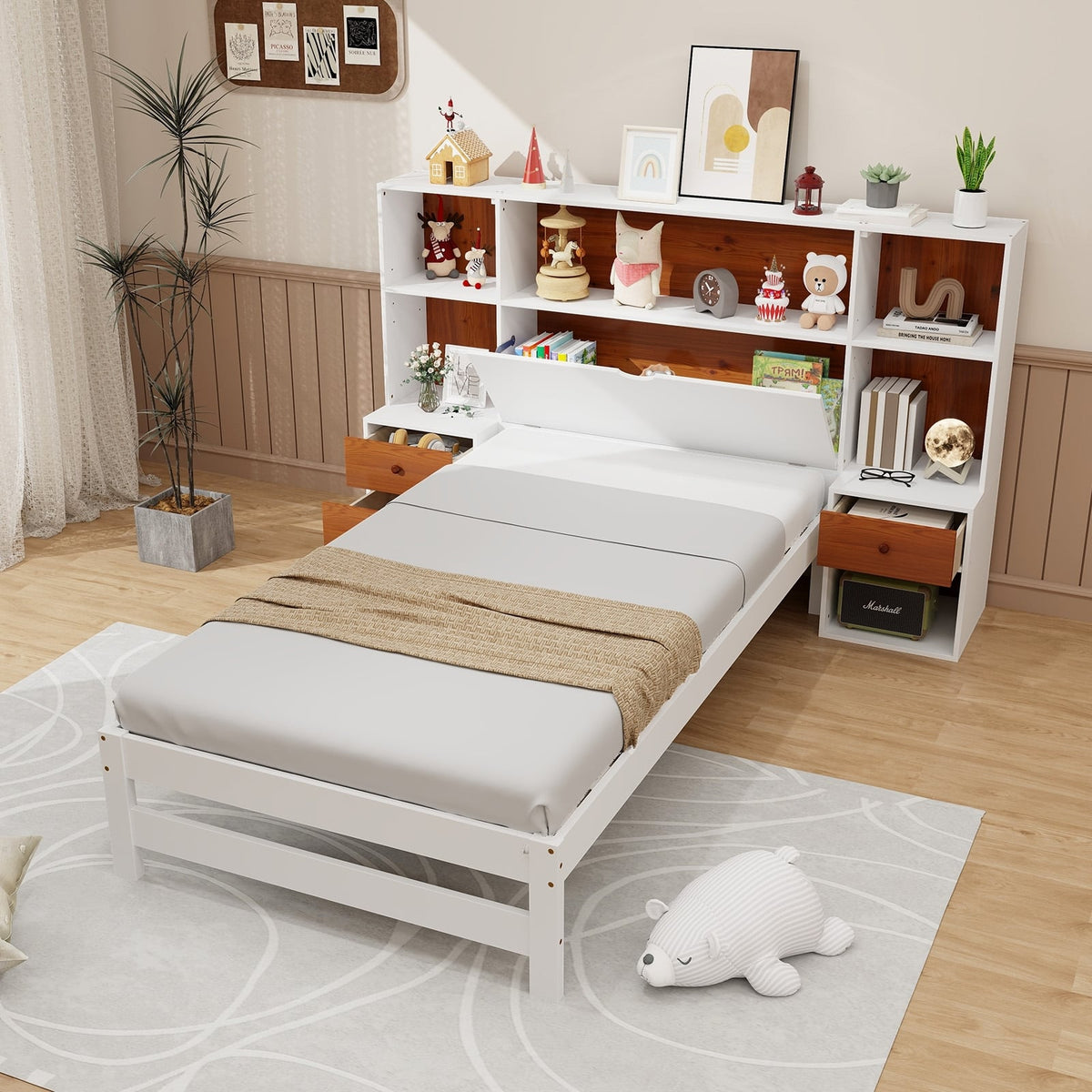 Bed Frame with Storage Headboard and Nightstands-Twin Size-Simple Bed Frame-DECOROLALA