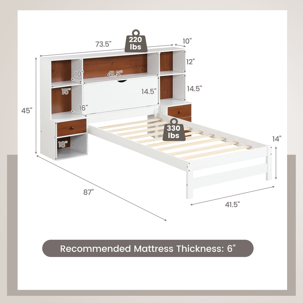 Bed Frame with Storage Headboard and Nightstands-Twin Size-Simple Bed Frame-DECOROLALA