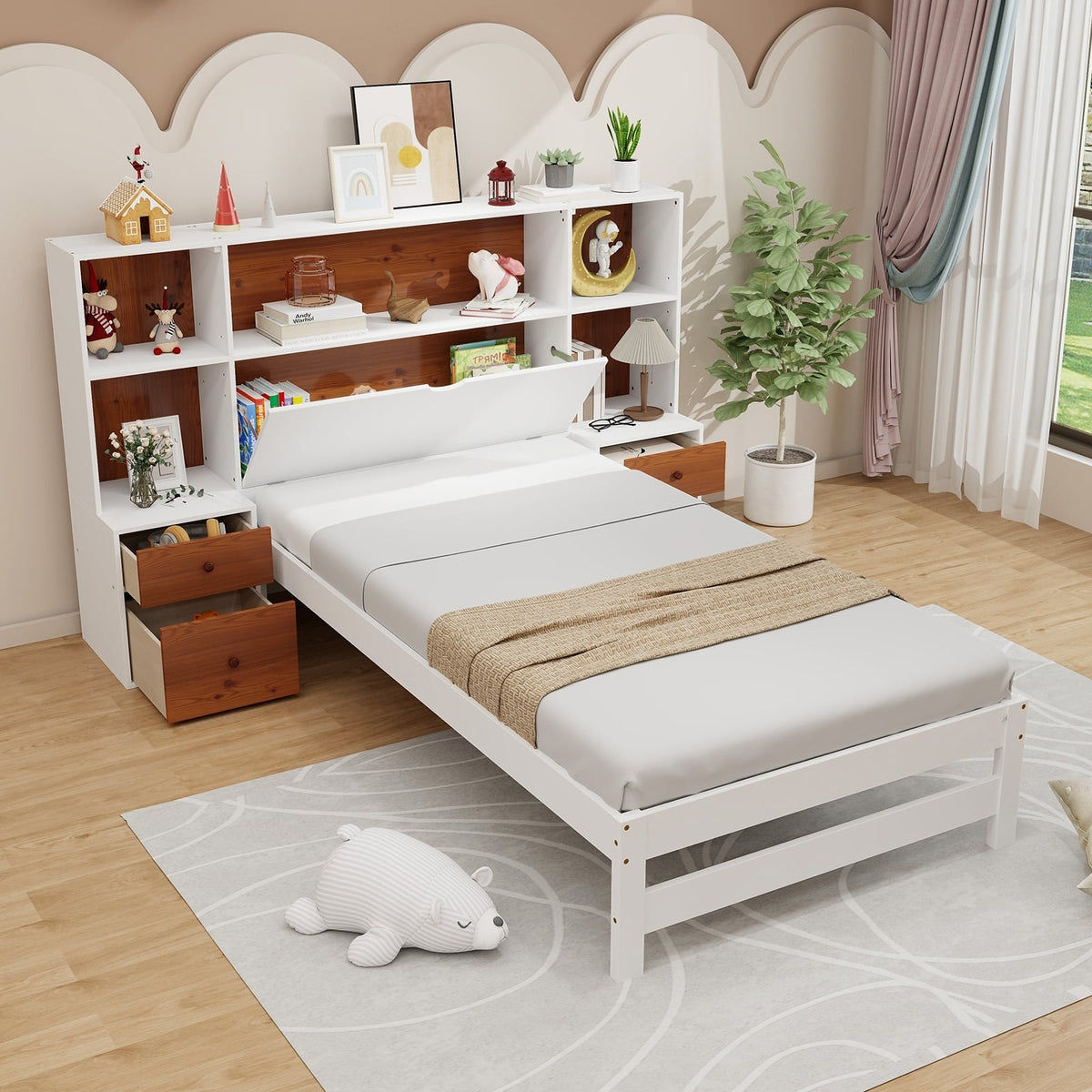 Bed Frame with Storage Headboard and Nightstands-Twin Size-Simple Bed Frame-DECOROLALA
