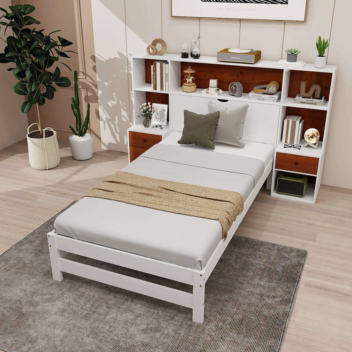 Bed Frame with Storage Headboard and Nightstands-Twin Size-Simple Bed Frame-DECOROLALA