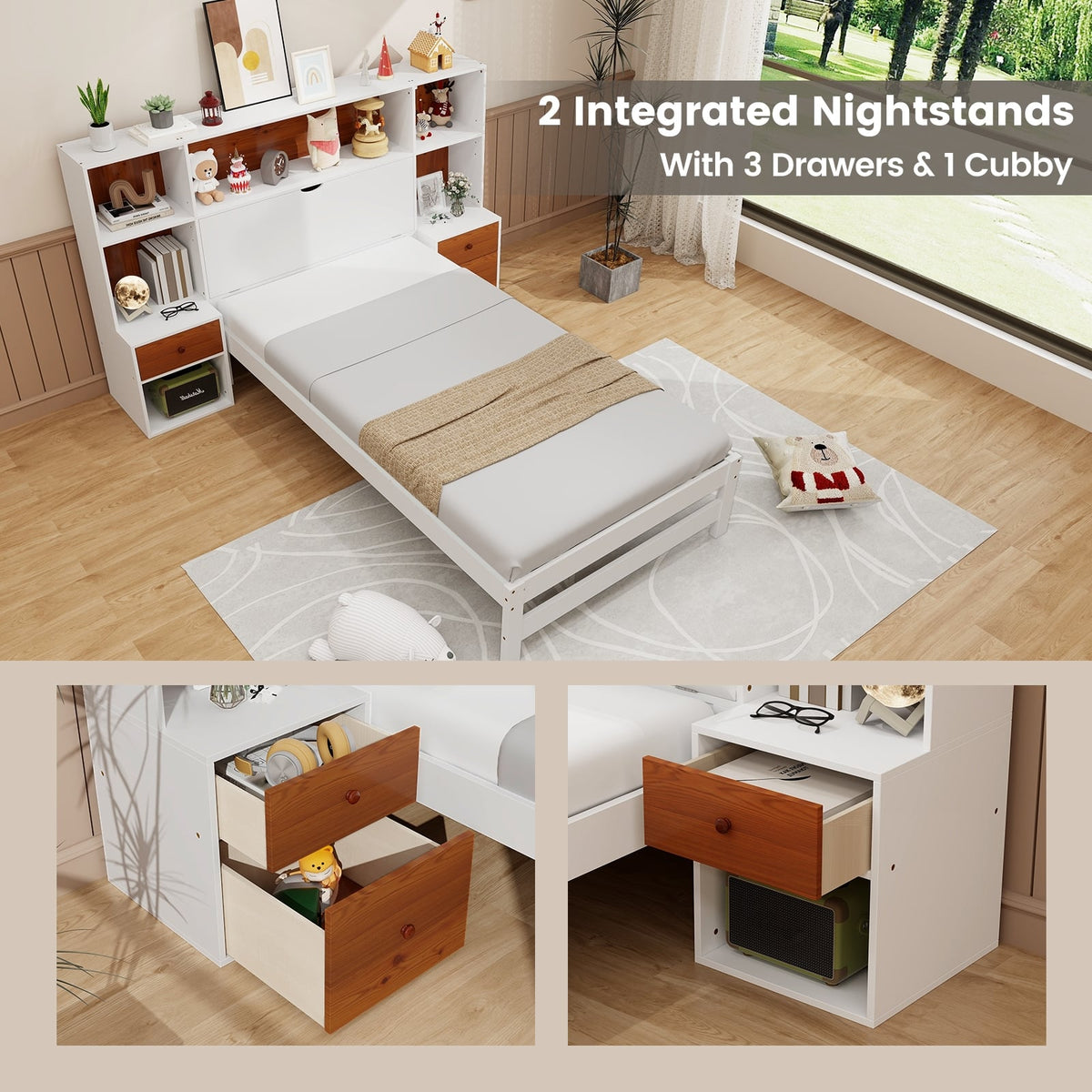 Bed Frame with Storage Headboard and Nightstands-Twin Size-Simple Bed Frame-DECOROLALA