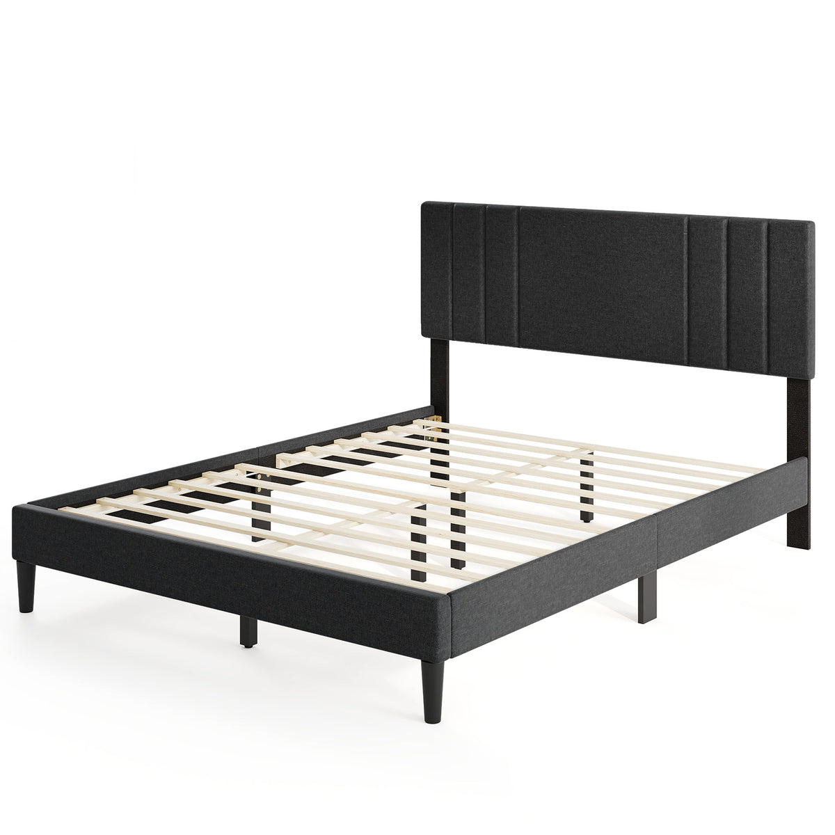 Bed Frame with Vertical Channel Tufted Headboard and Wooden Slats-Simple Bed Frame-DECOROLALA