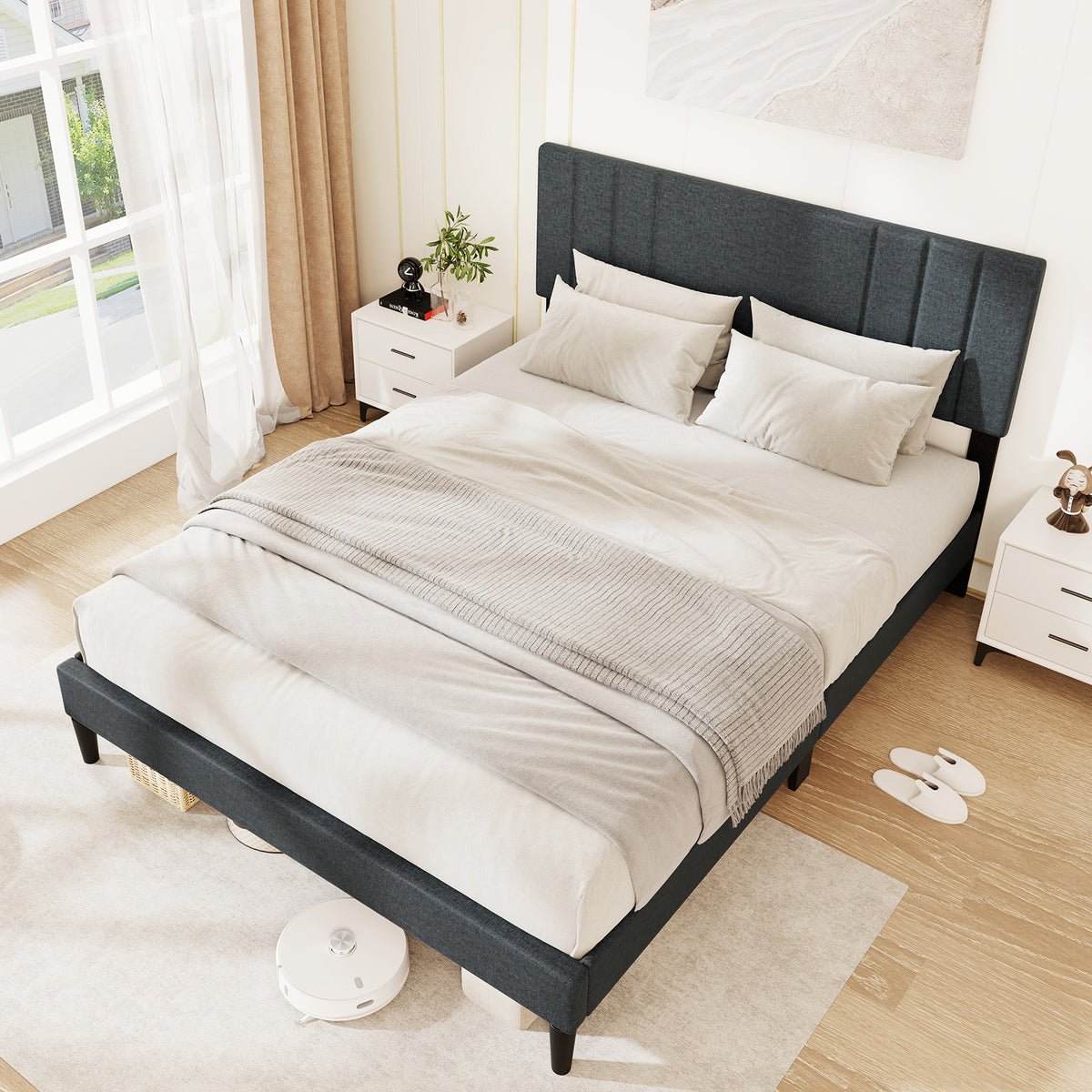 Bed Frame with Vertical Channel Tufted Headboard and Wooden Slats-Simple Bed Frame-DECOROLALA