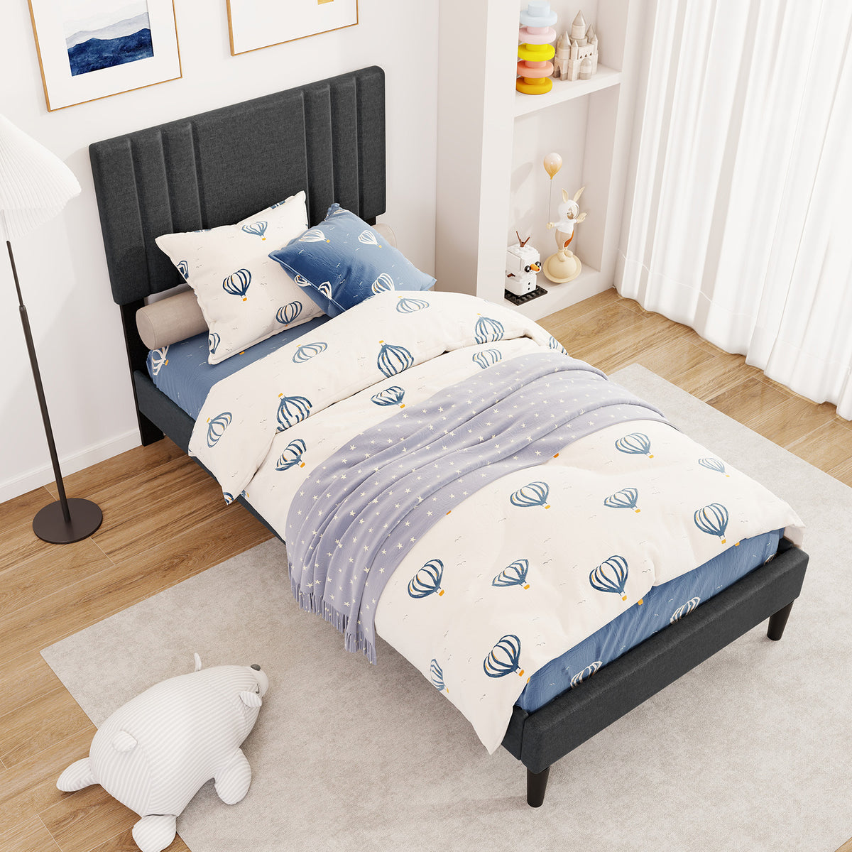 Bed Frame with Vertical Channel Tufted Headboard and Wooden Slats-Simple Bed Frame-DECOROLALA