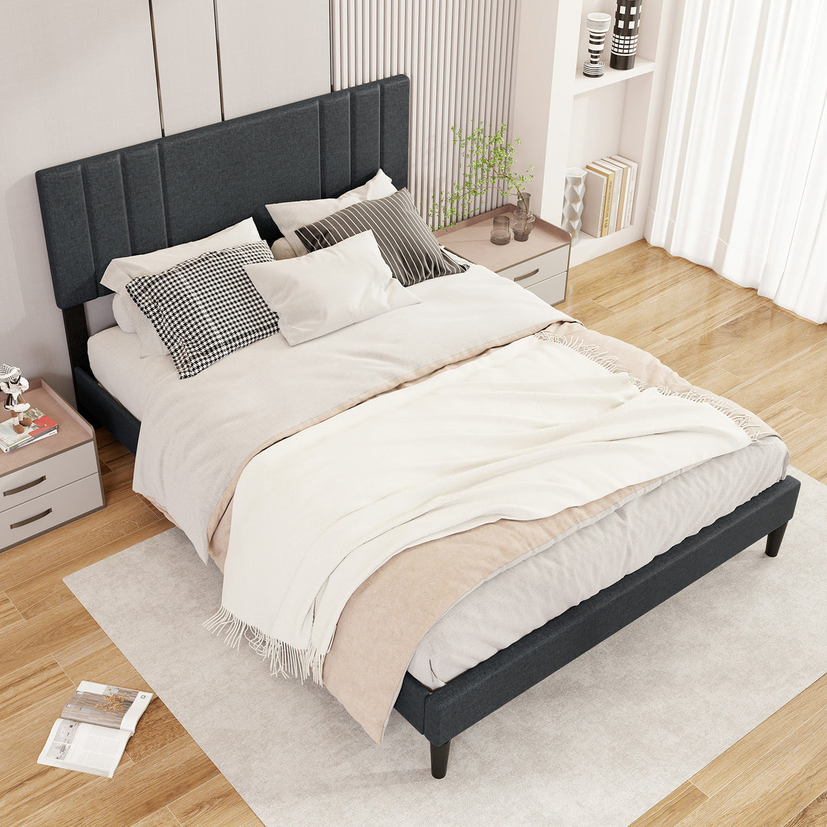 Bed Frame with Vertical Channel Tufted Headboard and Wooden Slats-Simple Bed Frame-DECOROLALA