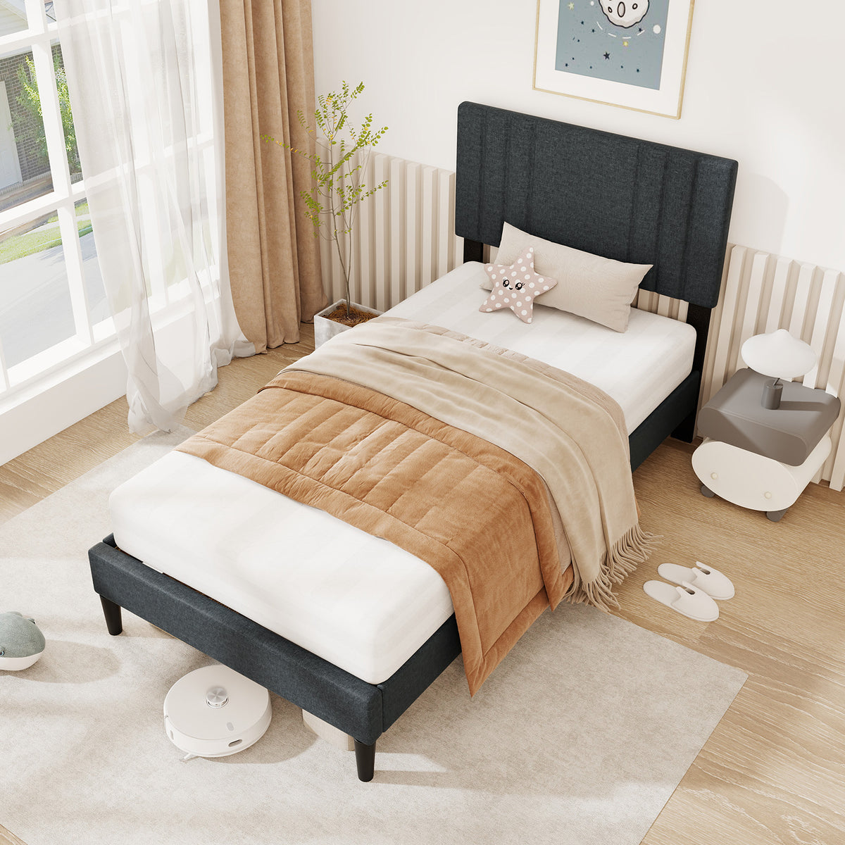 Bed Frame with Vertical Channel Tufted Headboard and Wooden Slats-Simple Bed Frame-DECOROLALA