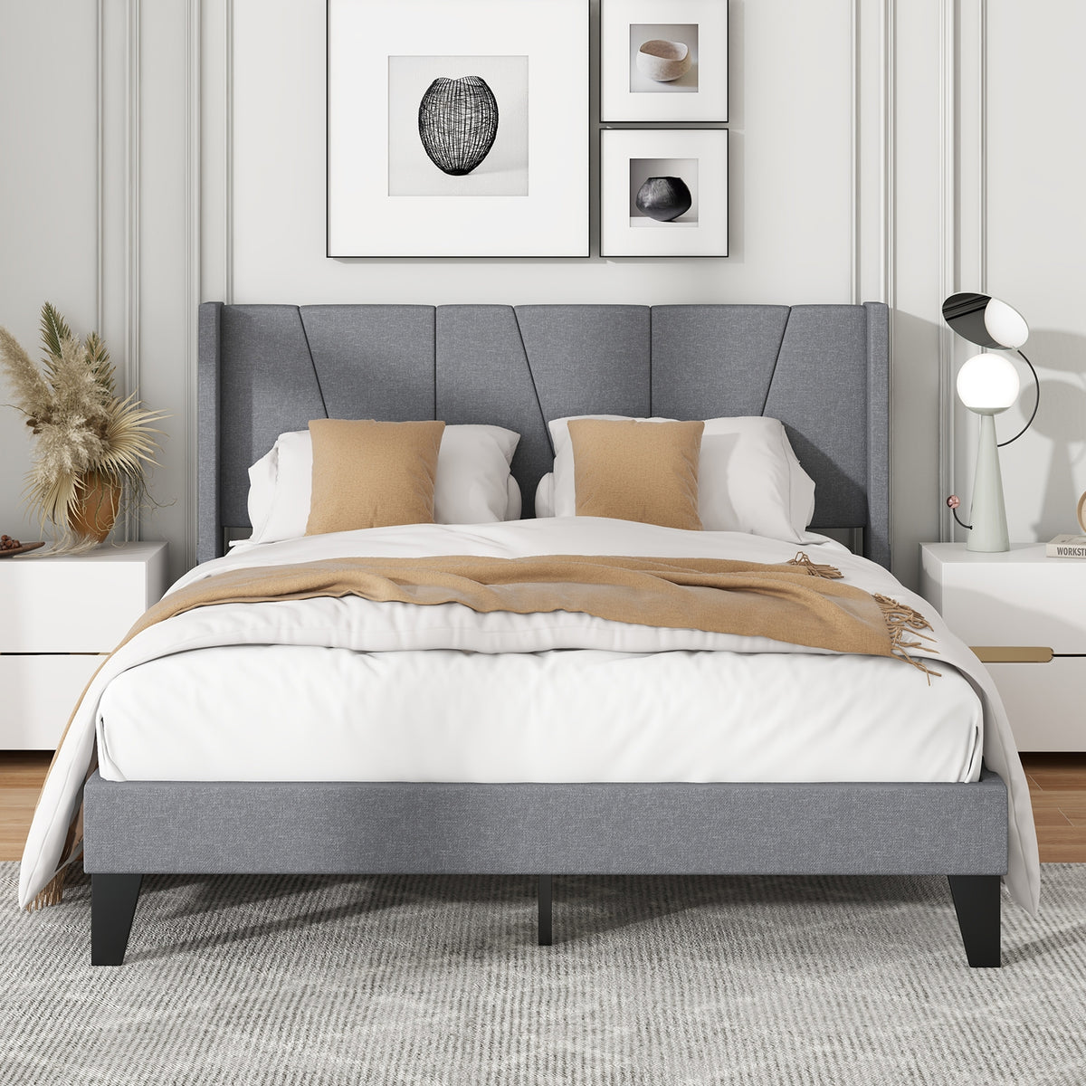 Bed Frame with Wingback Headboard and Wood Slat Support-Simple Bed Frame-DECOROLALA