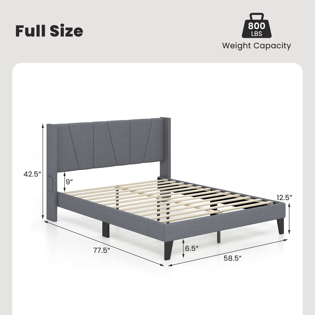 Bed Frame with Wingback Headboard and Wood Slat Support-Simple Bed Frame-DECOROLALA