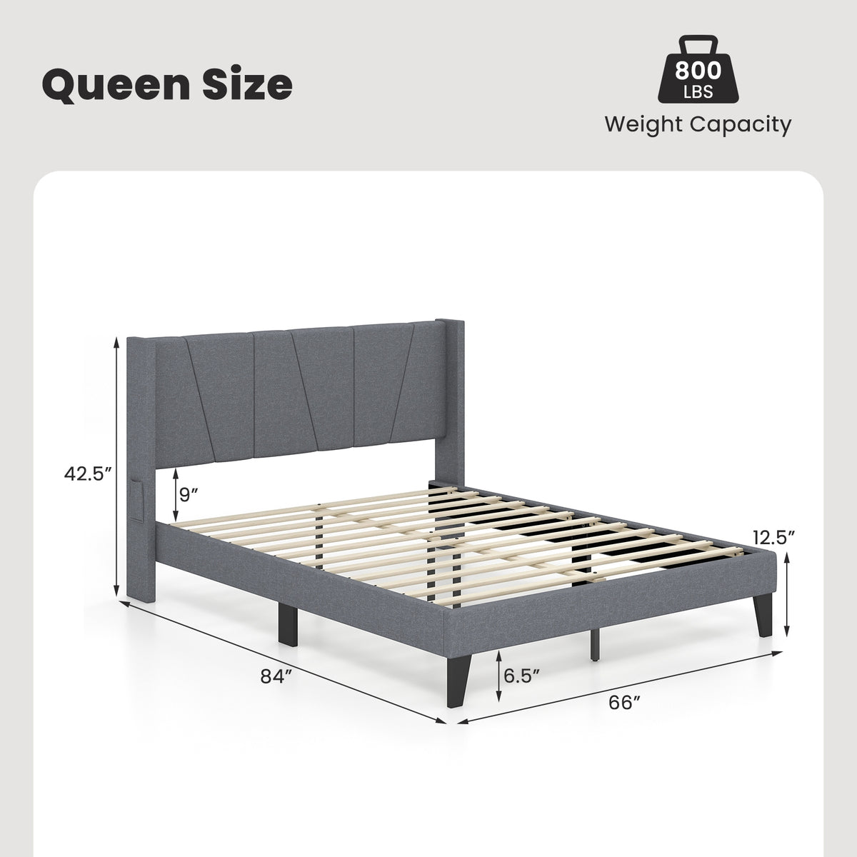 Bed Frame with Wingback Headboard and Wood Slat Support-Simple Bed Frame-DECOROLALA