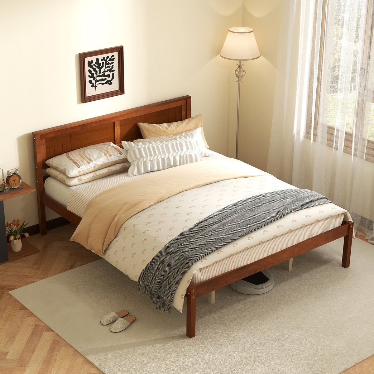 Bed Frame with Wooden Headboard and Slat Support-Simple Bed Frame-DECOROLALA