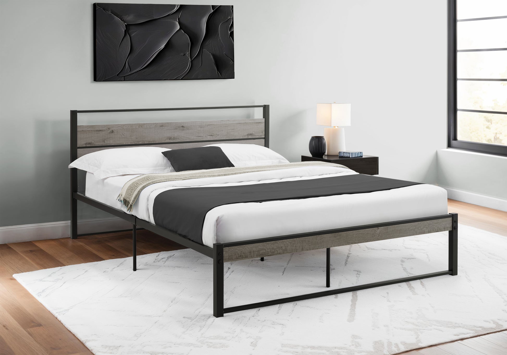 Bed - Queen Size / Dark Taupe / Black Metal Platform-Standard Beds-DECOROLALA