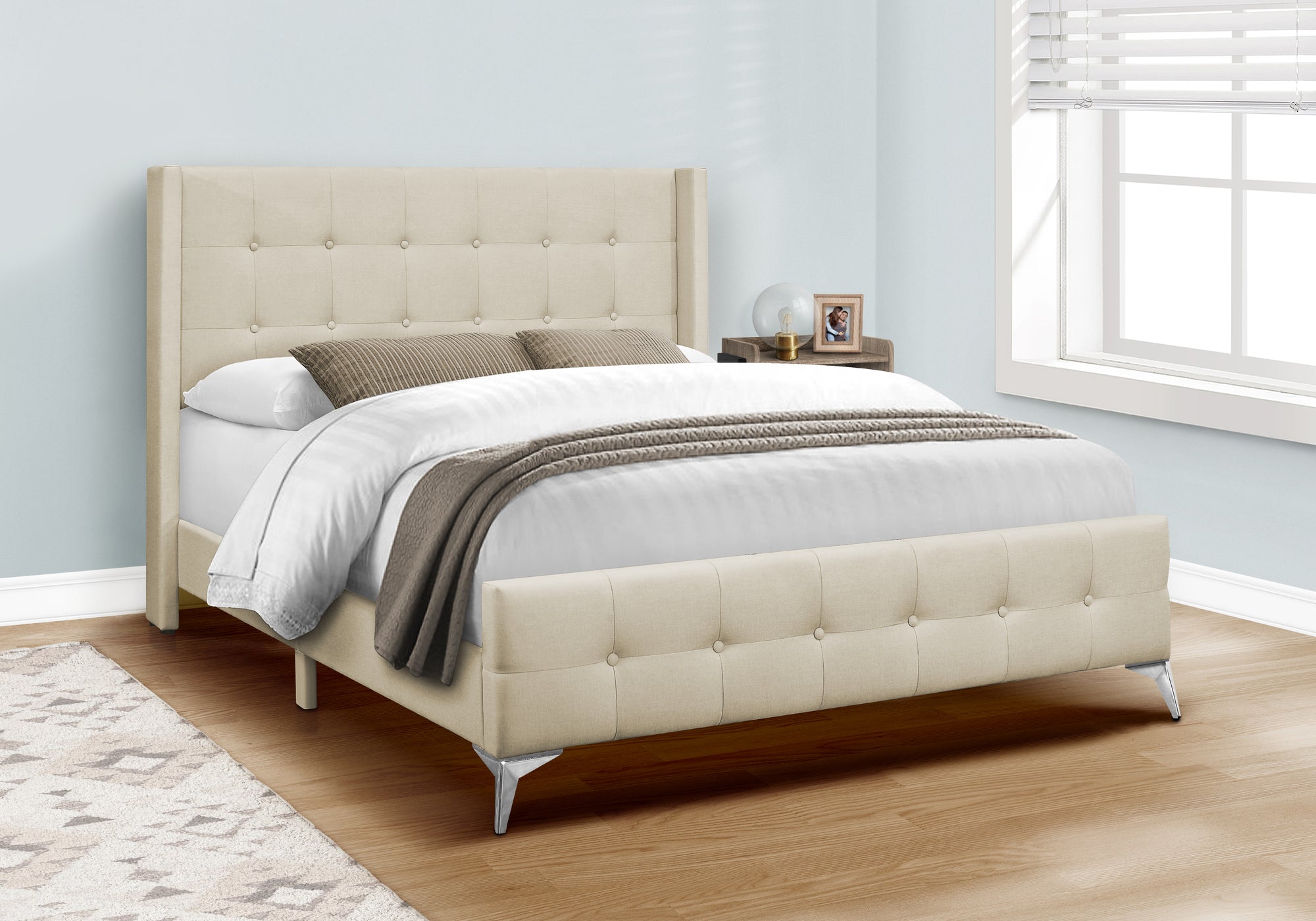 Bed - Queen Size / Grey Linen With Chrome Metal Legs-Standard Beds-DECOROLALA