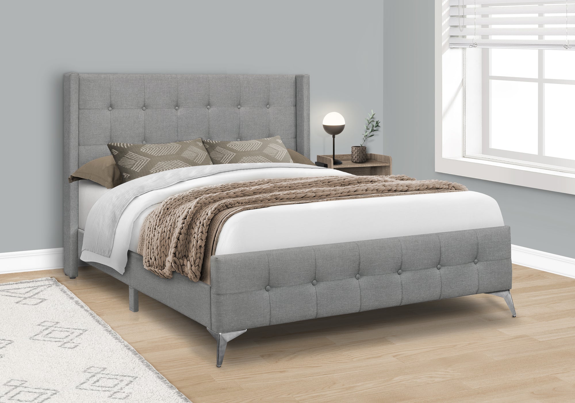 Bed - Queen Size / Grey Linen With Chrome Metal Legs-Standard Beds-DECOROLALA