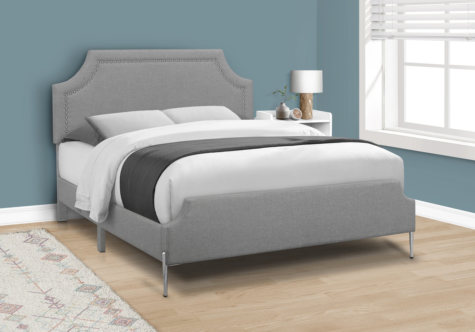 Bed - Queen Size / Grey Linen With Chrome Metal Legs-Standard Beds-DECOROLALA