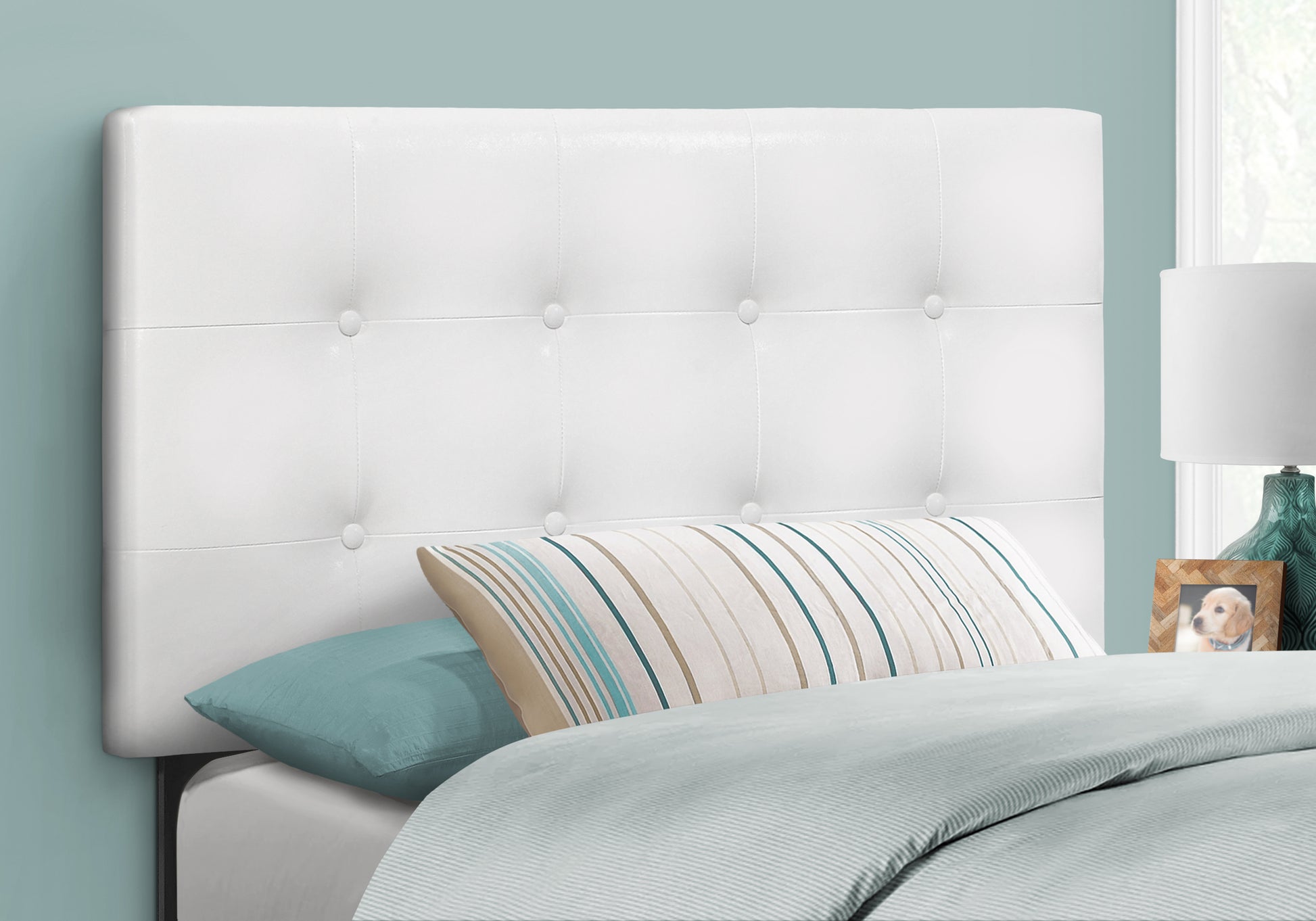 Bed - Twin Grey Leather-Look Headboard-Bed-DECOROLALA
