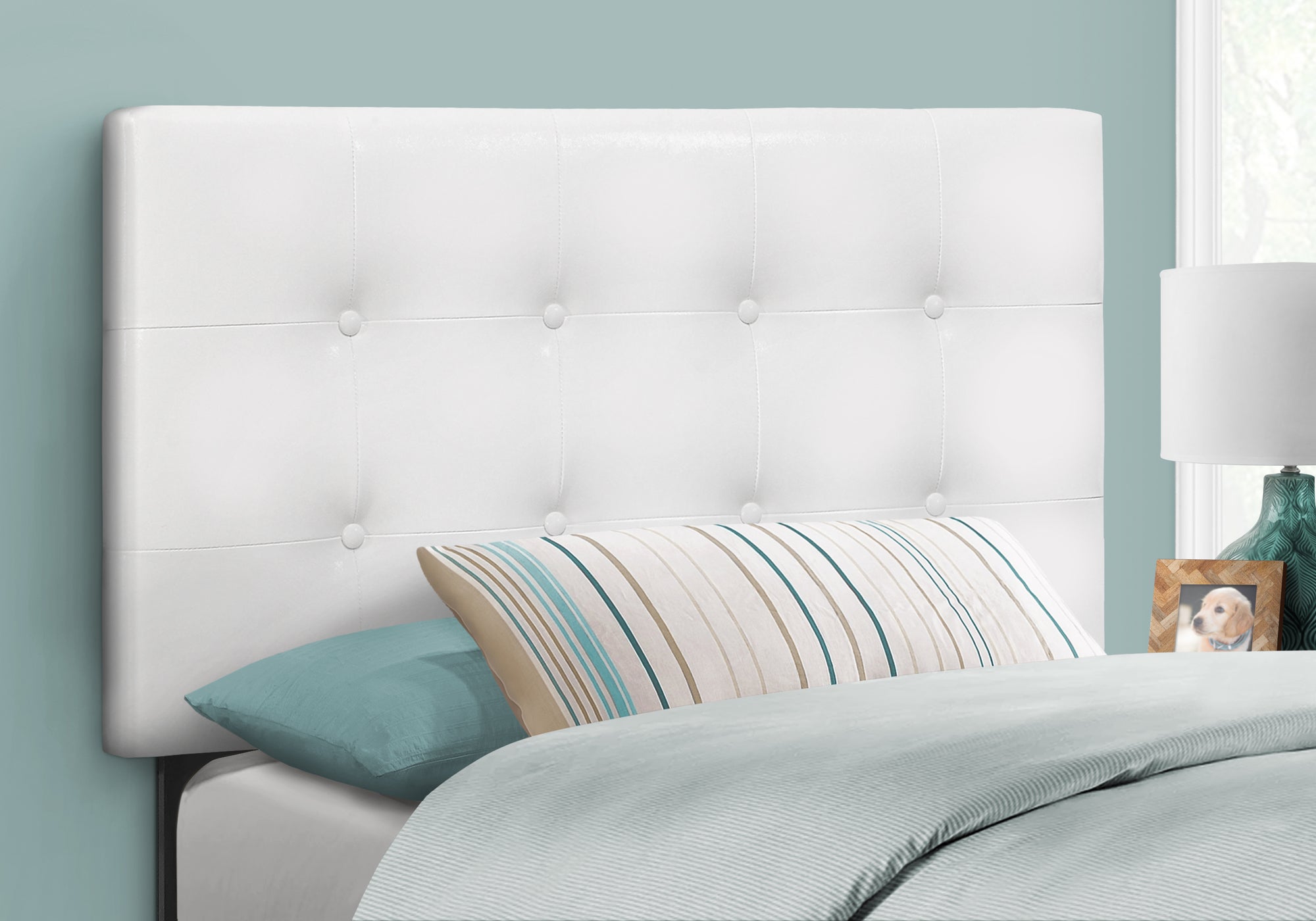 Bed - Twin Grey Leather-Look Headboard-Bed-DECOROLALA
