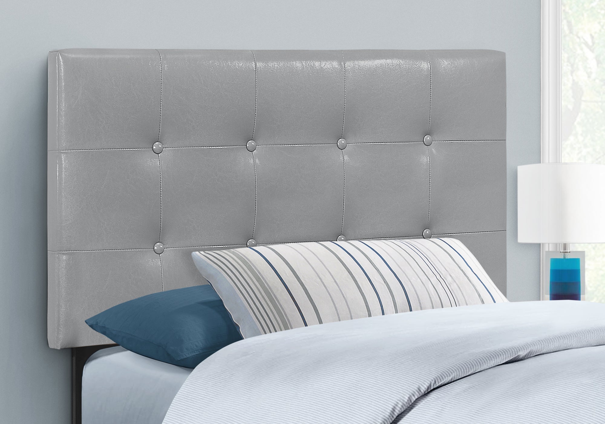 Bed - Twin Grey Leather-Look Headboard-Bed-DECOROLALA
