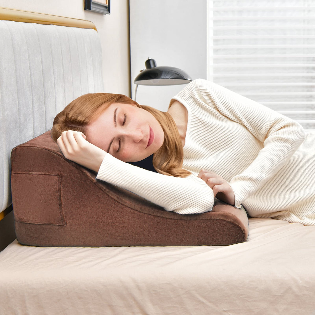 Bed Wedge Pillow with Tablet Pillow Stand and Side Pockets-Brown-Bedding-DECOROLALA