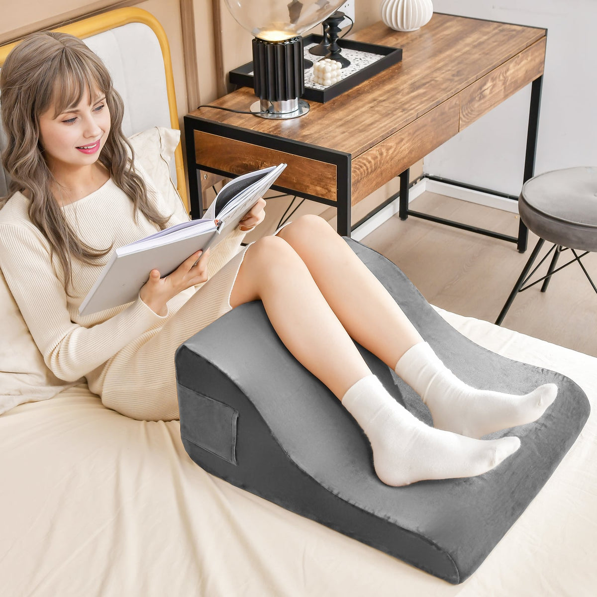 Bed Wedge Pillow with Tablet Pillow Stand and Side Pockets-Gray-Bedding-DECOROLALA