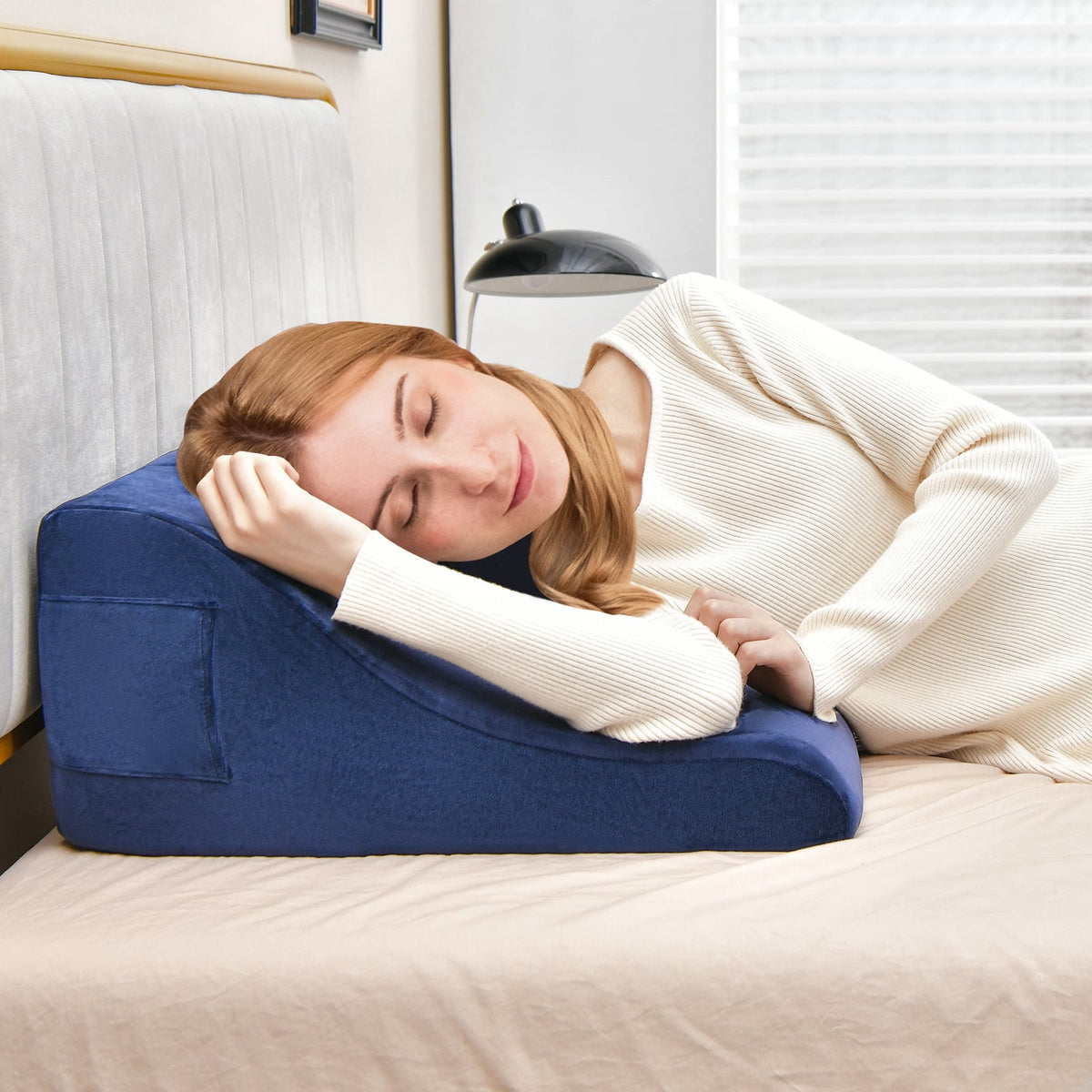 Bed Wedge Pillow with Tablet Pillow Stand and Side Pockets-Navy-Bedding-DECOROLALA