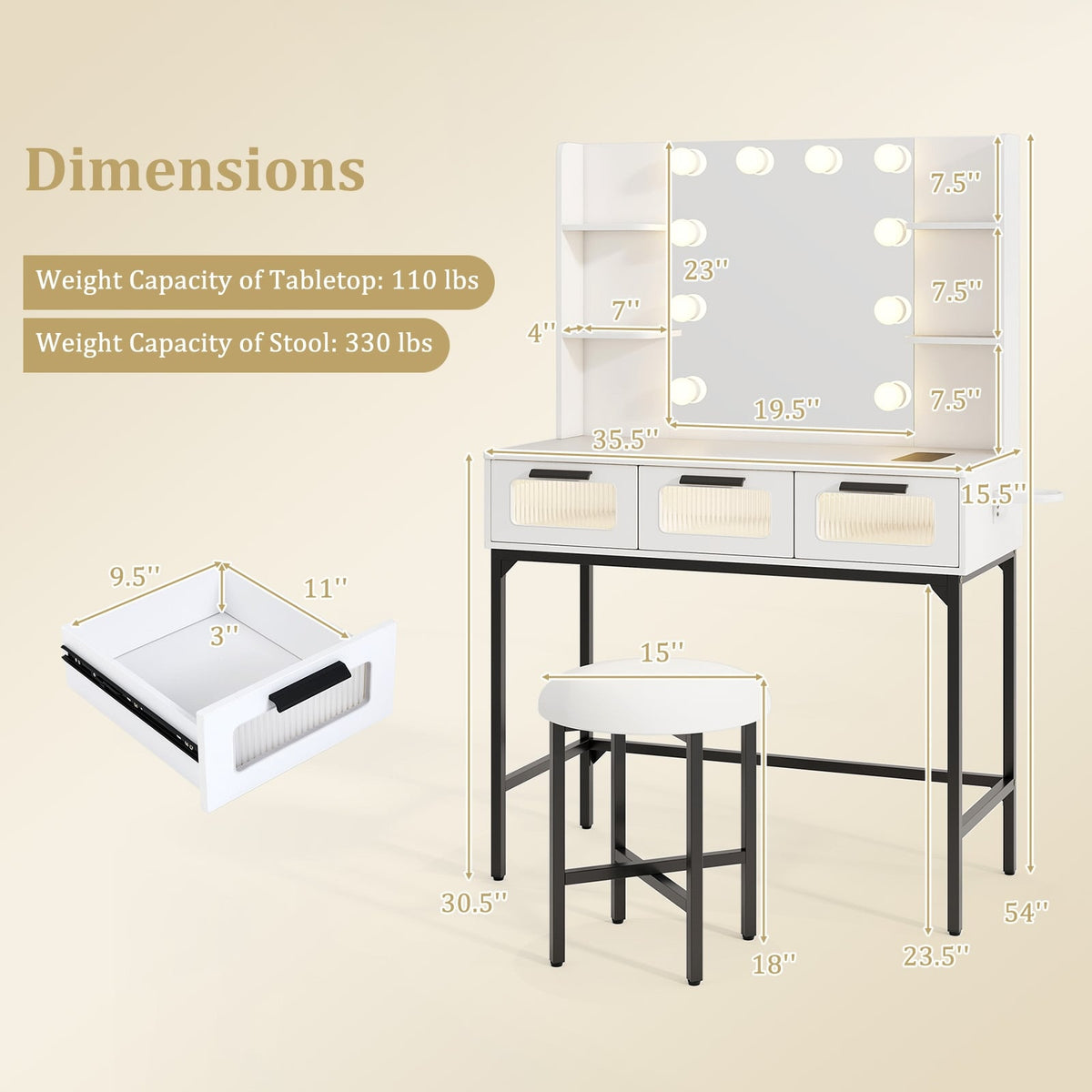 Bedroom Makeup Vanity Desk with Hollywood Mirror and Lights-White-Makeup Vanities-DECOROLALA