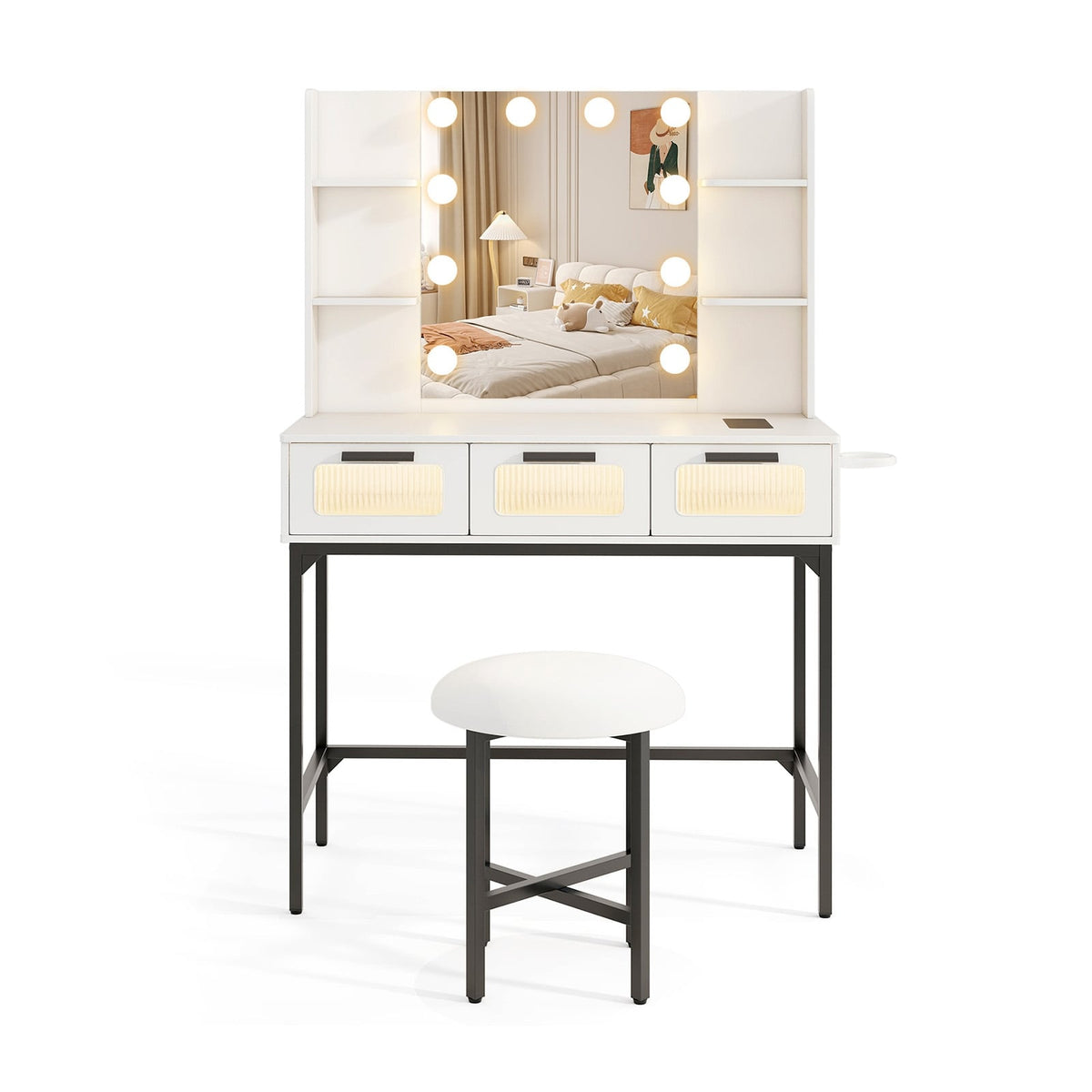 Bedroom Makeup Vanity Desk with Hollywood Mirror and Lights-White-Makeup Vanities-DECOROLALA