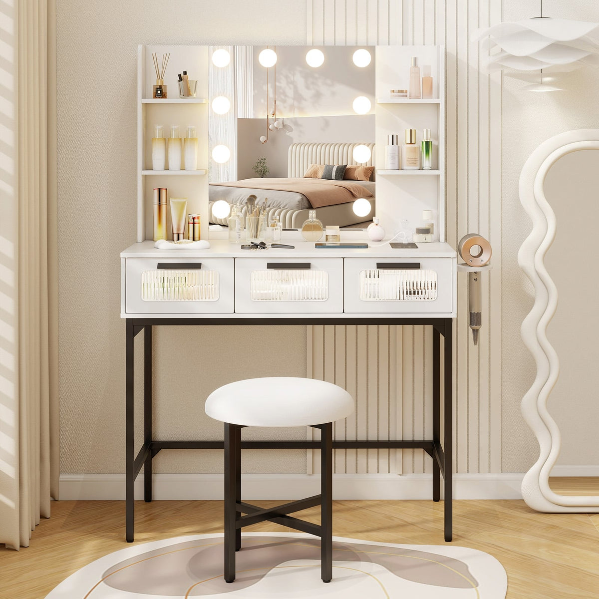 Bedroom Makeup Vanity Desk with Hollywood Mirror and Lights-White-Makeup Vanities-DECOROLALA