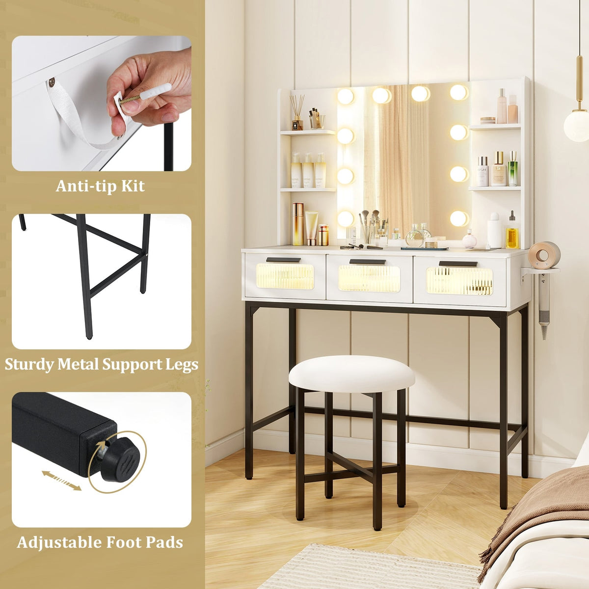 Bedroom Makeup Vanity Desk with Hollywood Mirror and Lights-White-Makeup Vanities-DECOROLALA