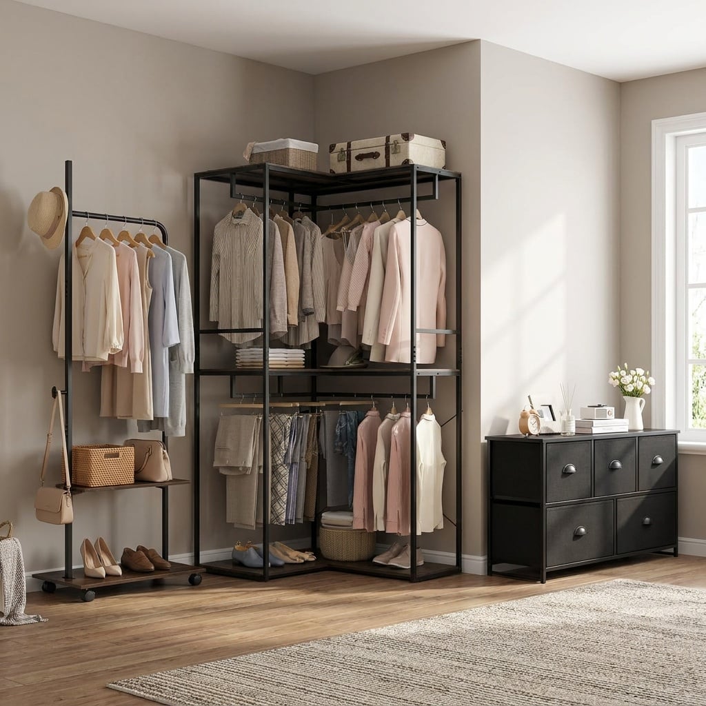 Bedroom Set with 3-Tier Clothes Rack Freestanding Clothing Rack and Dresser Storage Tower-Bedroom Furniture Sets-DECOROLALA