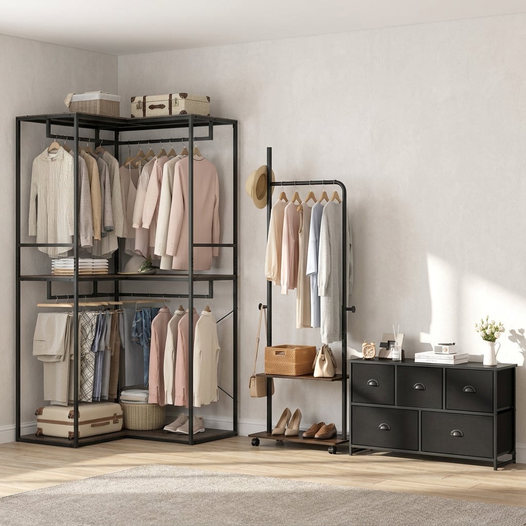 Bedroom Set with 3-Tier Clothes Rack Freestanding Clothing Rack and Dresser Storage Tower-Bedroom Furniture Sets-DECOROLALA