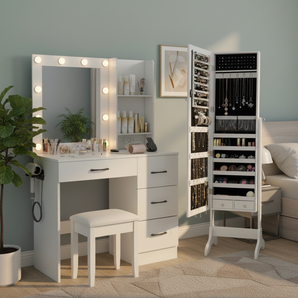 Bedroom Set with Lockable Mirrored Jewelry Cabinet and Vanity Desk-Bedroom Furniture Sets-DECOROLALA